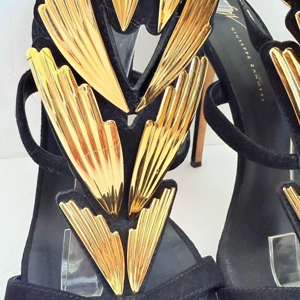 Giuseppe Zannoti Black Suede Leather Gold Wings Cruel 2.0 High Heel Sandals EU41